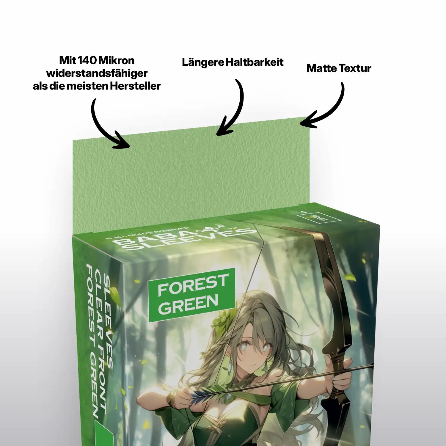 Nahansicht grüne Kartenhüllen Verpackung, Deck Protector Sleeves 100er Pack Standard Size für TCG Sammelkarten wie Pokémon und MTG