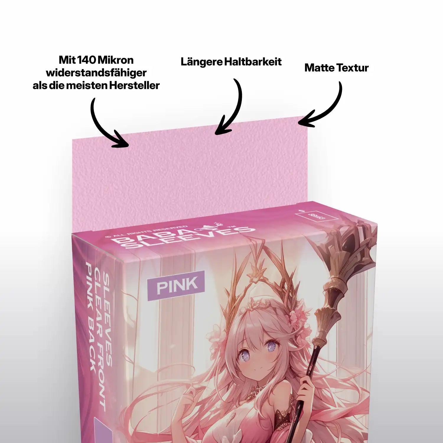 Nahansicht pinke Kartenhüllen Verpackung, Deck Protector Sleeves 100er Pack Standard Size für TCG Sammelkarten wie Pokémon und MTG