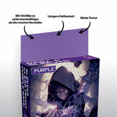 Nahaufnahme Verpackung und lilane purple Kartenhülle Japanese Size für Yu-Gi-Oh Sammelkarten