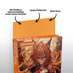 Nahaufnahme Verpackung und orange Kartenhülle Japanese Size für Yu-Gi-Oh Sammelkarten