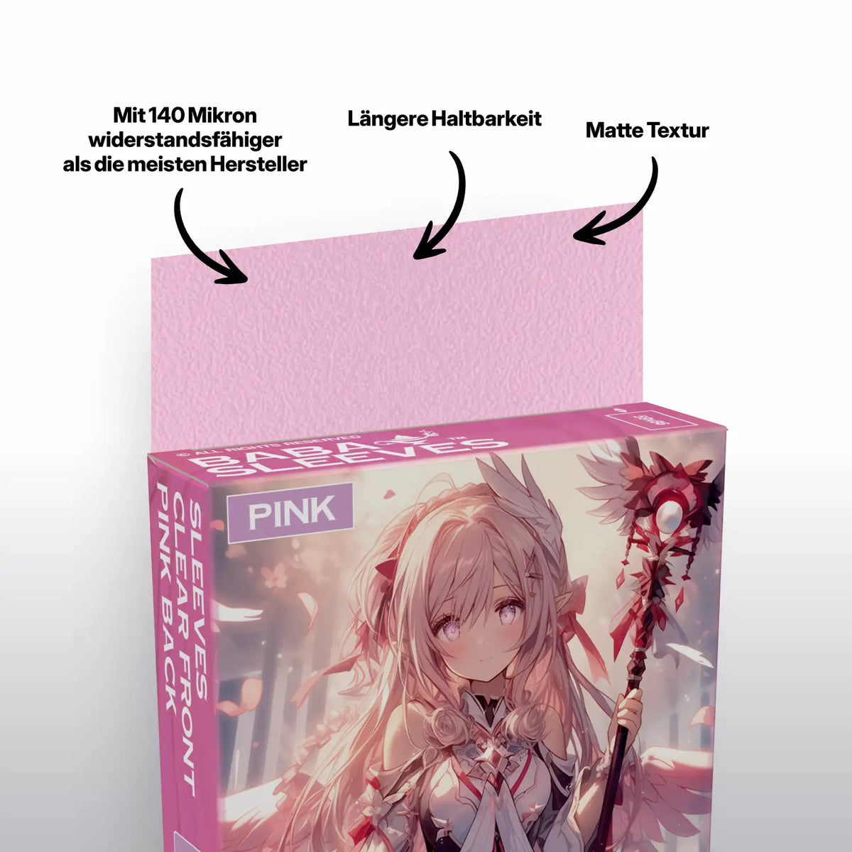 Nahaufnahme Verpackung und pinke Kartenhülle Japanese Size für Yu-Gi-Oh Sammelkarten
