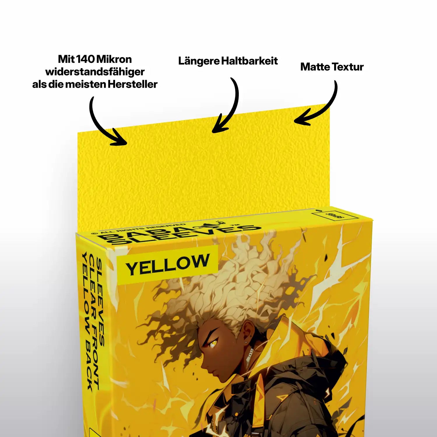 Nahaufnahme gelbe yellow Kartenhülle Japanese Size sleeve zeigt glatte matte Oberfläche