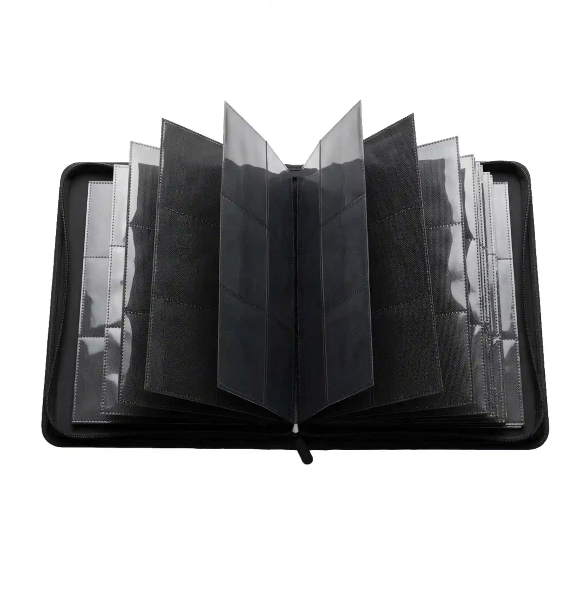 Offener großer Toploader Binder schwarz mit übersichtlich sortierten Karten in Topladern, perfekte Sammelmappe für komplette Sets und Highlight Karten