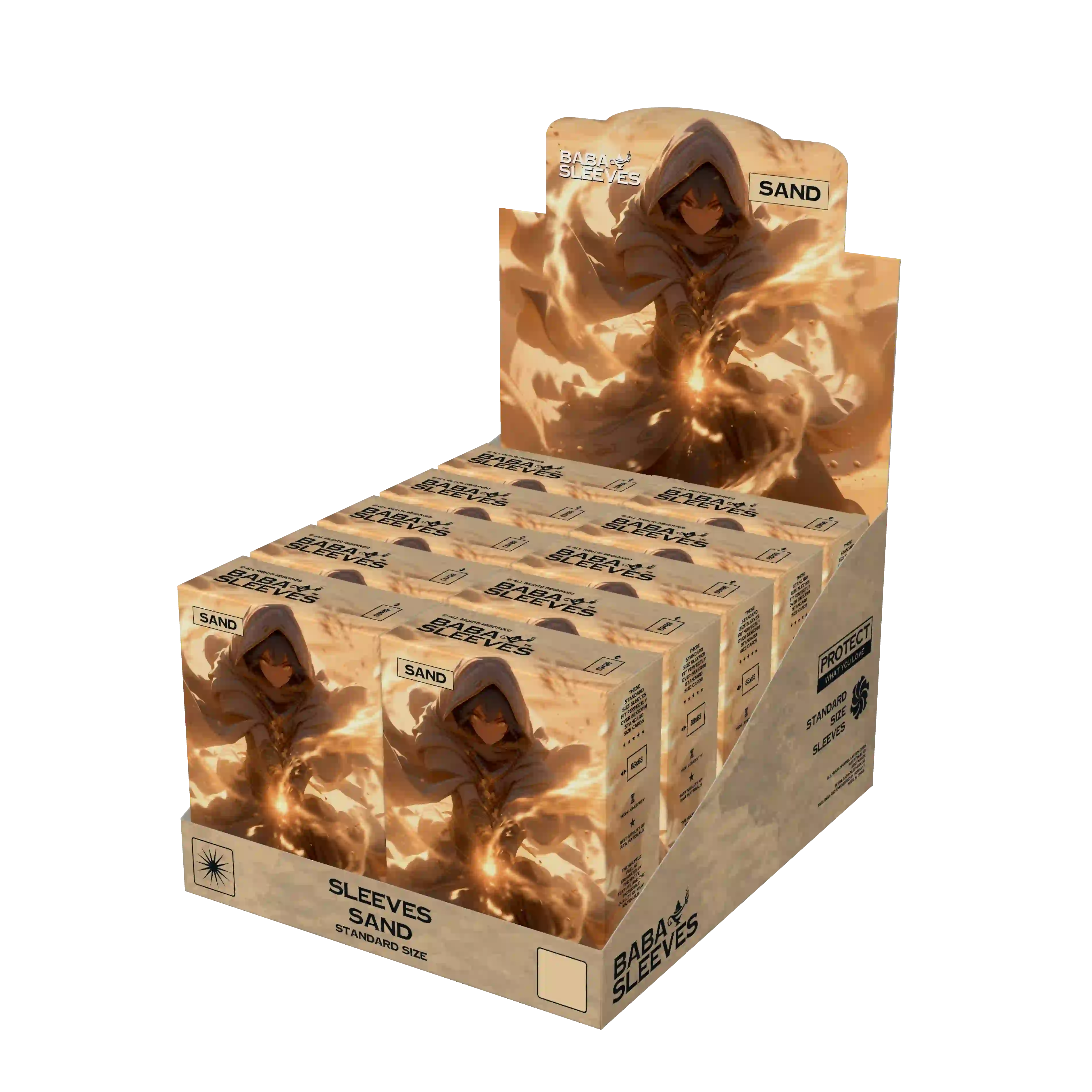 Display mit 10 Packungen Sand Beige Kartenhüllen Standard Size, Großpackung Sammelkarten Sleeves 66x91mm für TCG Händler und Sammler
