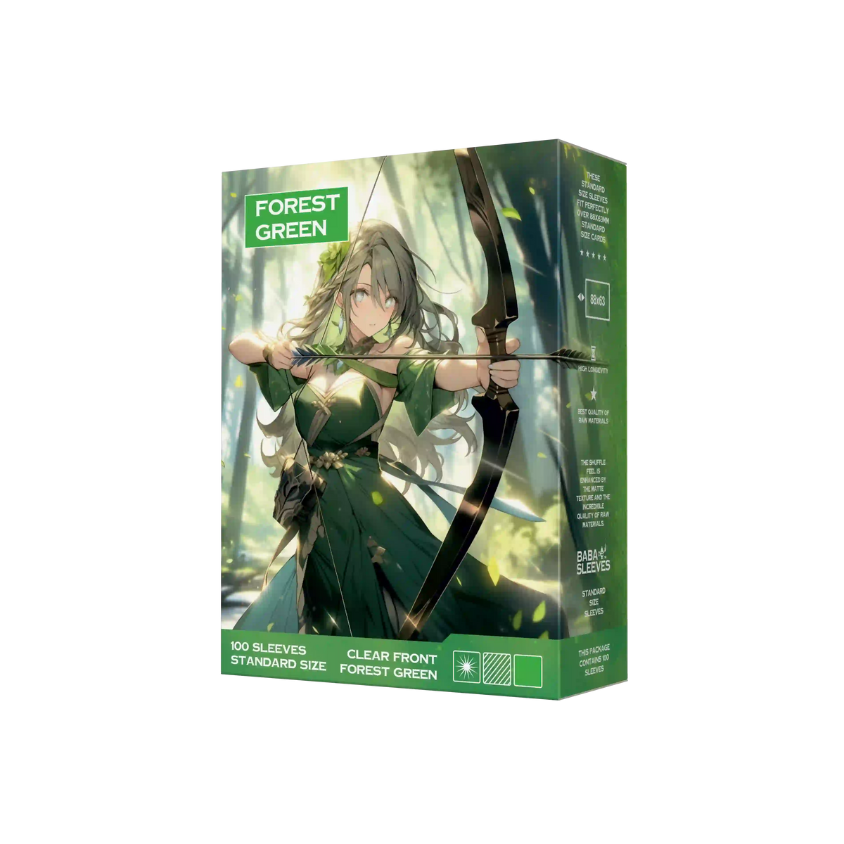Seitenansicht Grüne Kartenhüllen Verpackung 100er Pack, Standard Size Deck Sleeves 66x91mm für Pokémon TCG, One Piece, Flesh and Blood