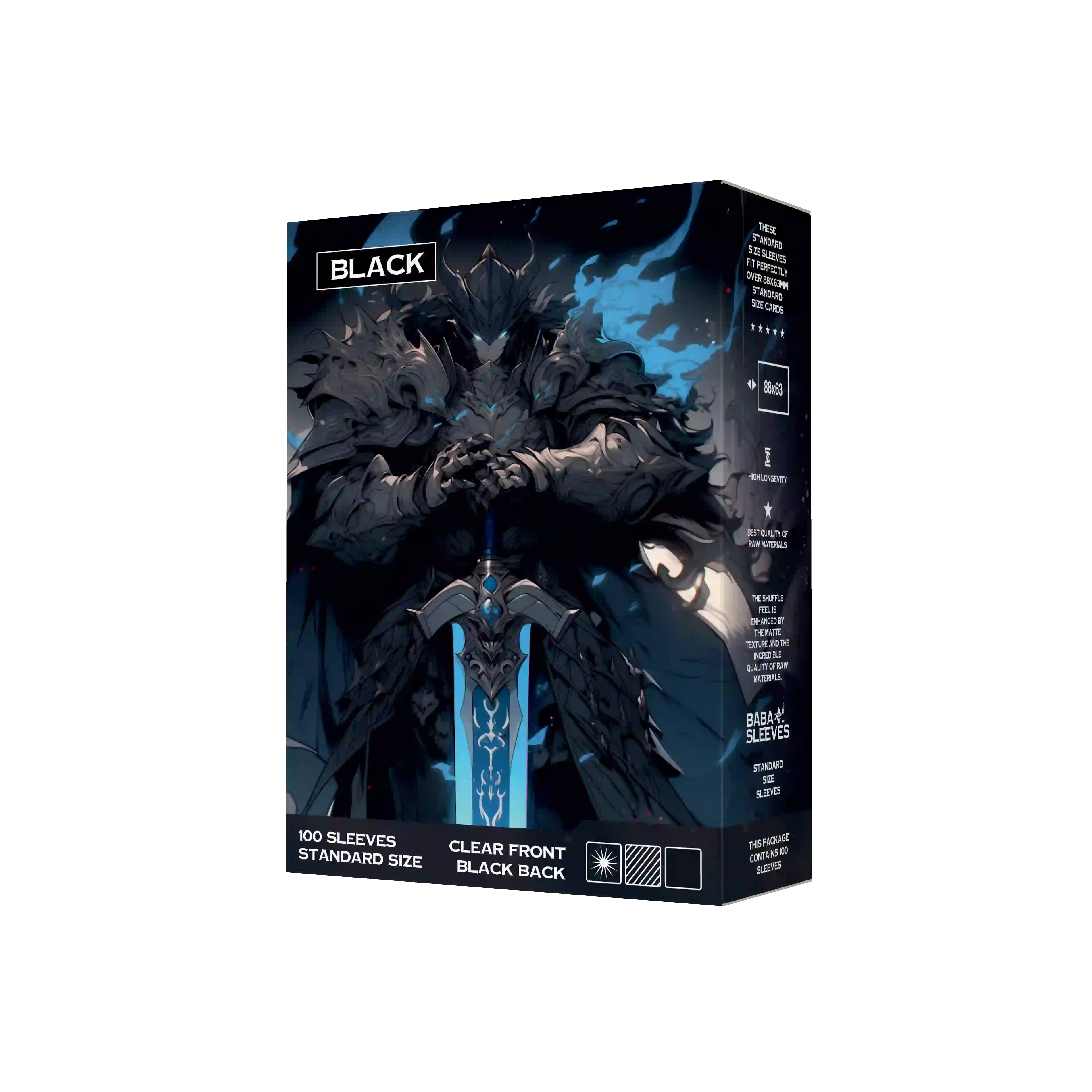Seitenansicht Schwarze Kartenhüllen Verpackung 100er Pack, Standard Size Deck Sleeves 66x91mm für Pokémon TCG, One Piece, Flesh and Blood