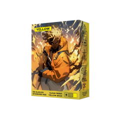 Seitenansicht gelbe Kartenhüllen Verpackung 100er Pack, Standard Size Deck Sleeves 66x91mm für Pokémon TCG, One Piece, Flesh and Blood