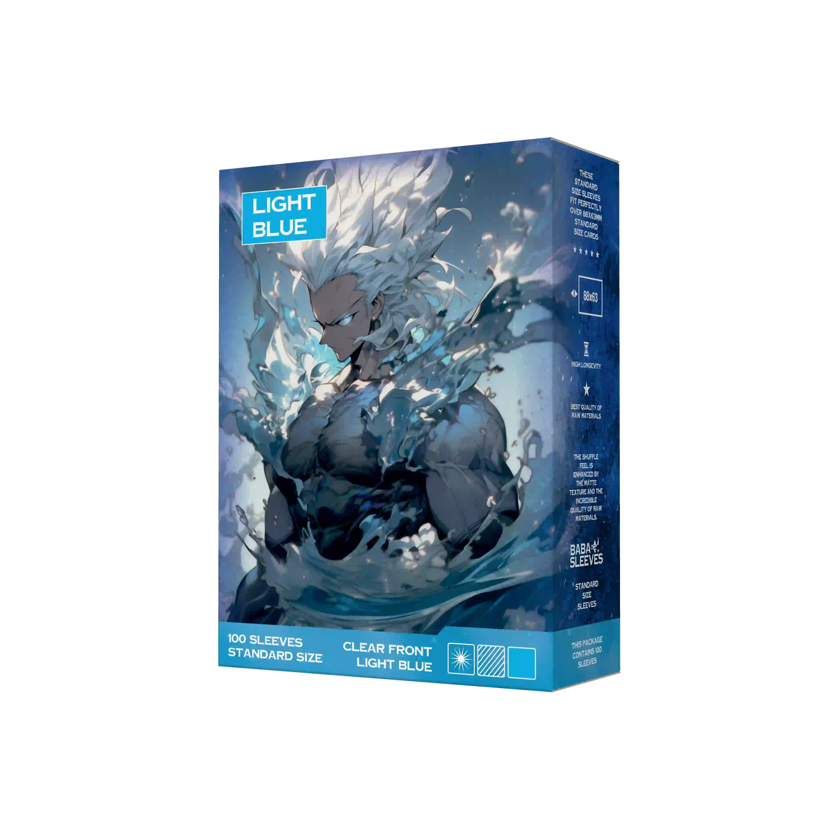 Seitenansicht hell blaue light blue Kartenhüllen Verpackung 100er Pack, Standard Size Deck Sleeves 66x91mm für Pokémon TCG, One Piece, Flesh and Blood