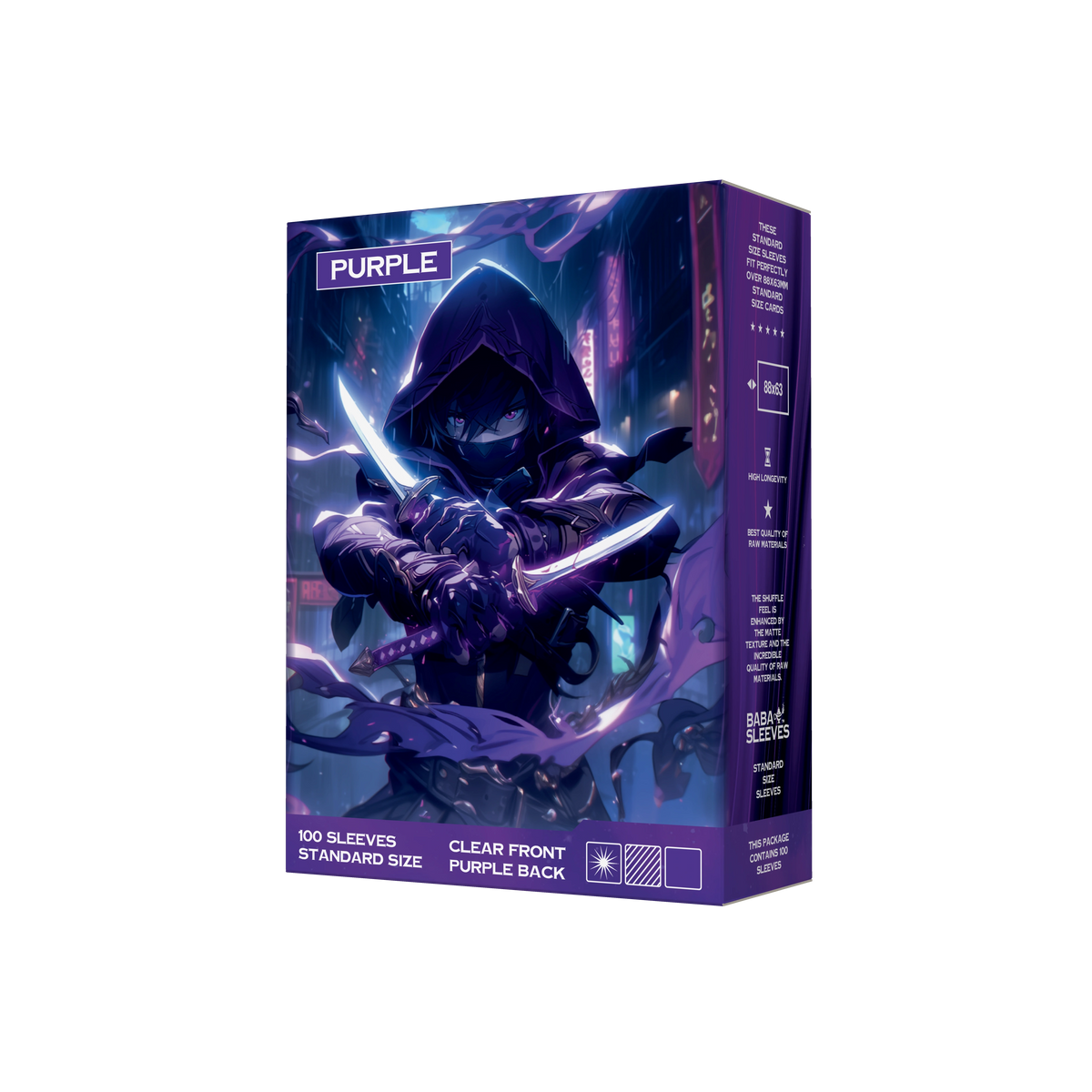 Seitenansicht lilane Kartenhüllen Verpackung 100er Pack, Standard Size Deck Sleeves 66x91mm für Pokémon TCG, One Piece, Flesh and Blood