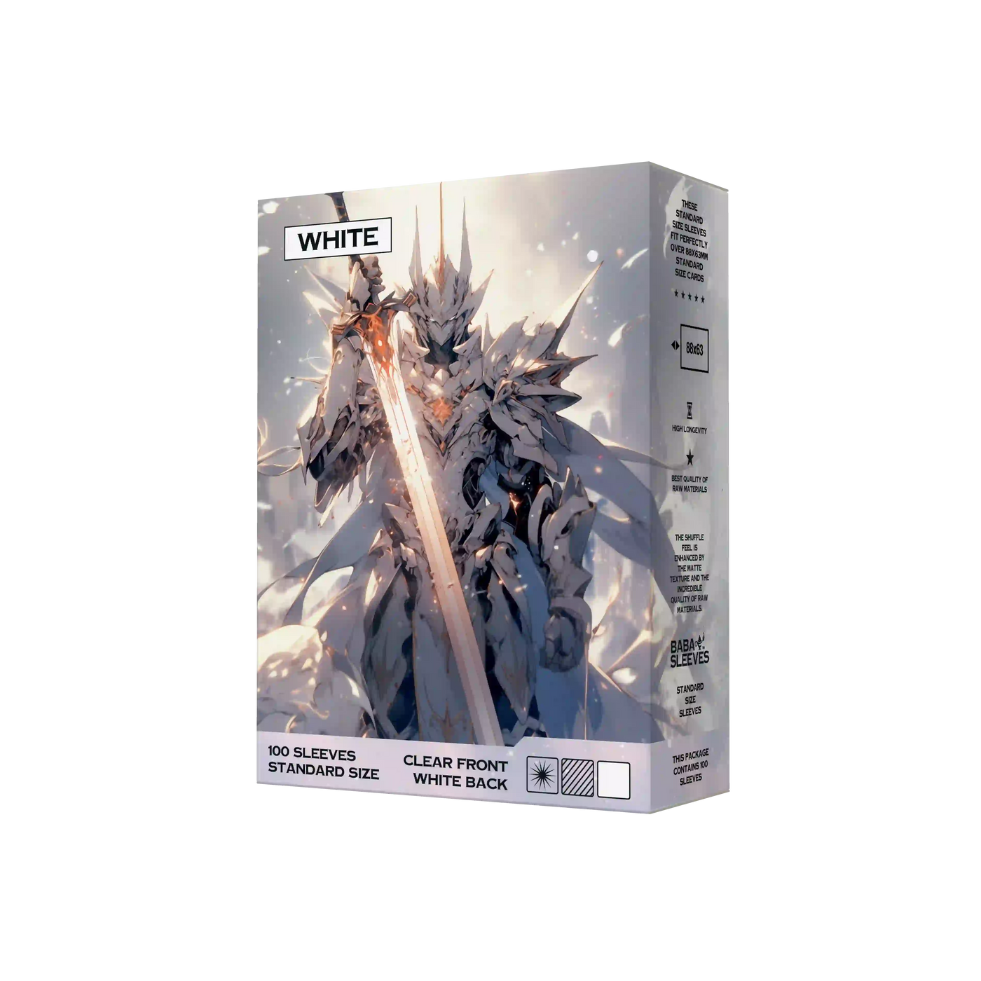 Seitenansicht weisse Kartenhüllen Verpackung 100er Pack, Standard Size Deck Sleeves 66x91mm für Pokémon TCG, One Piece, Flesh and Blood