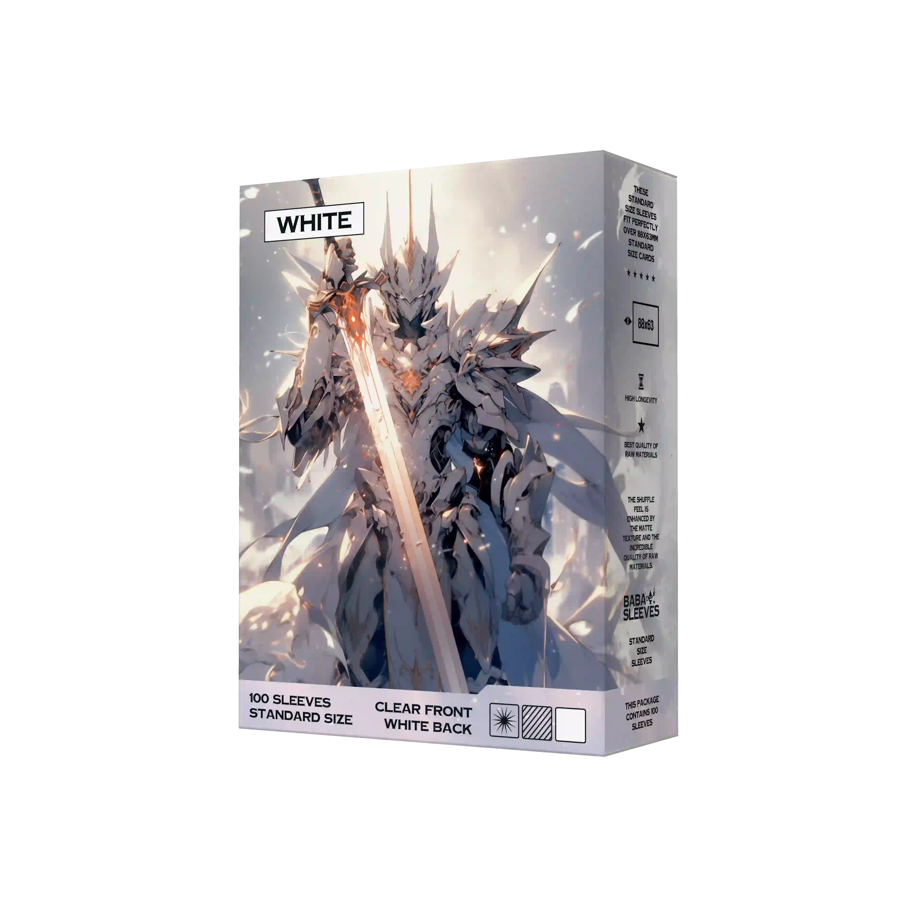 Seitenansicht weisse Kartenhüllen Verpackung 100er Pack, Standard Size Deck Sleeves 66x91mm für Pokémon TCG, One Piece, Flesh and Blood
