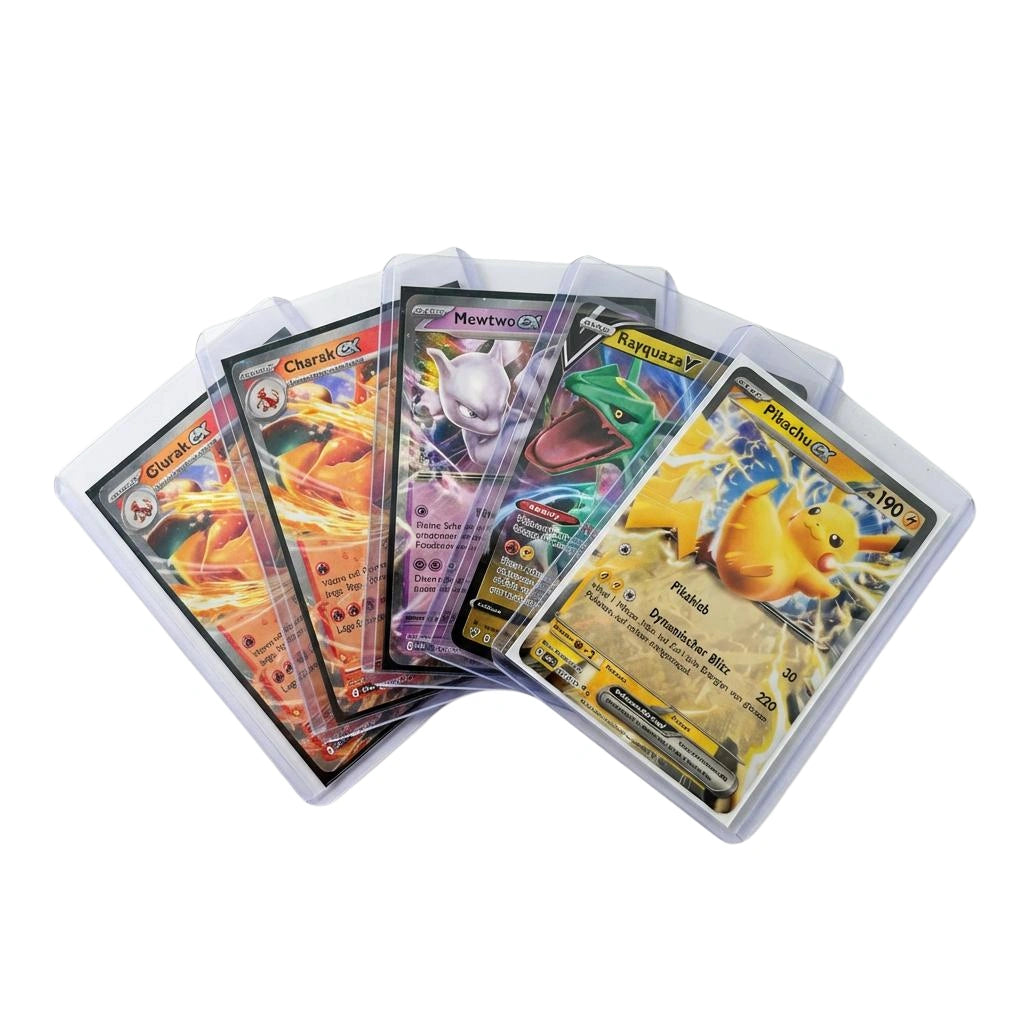  Fünf Pokemon Sammelkarten in Toploadern als stabile Schutzhüllen für TCG Karten