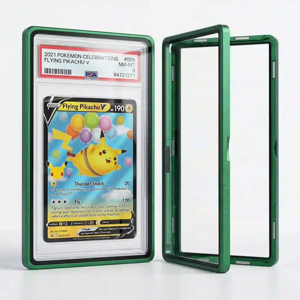 Graded Card Slab Bumper aus Aluminium und Hartglas mit UV‑Schutz, geöffnet mit PSA Slab und Pokémon Karte, Premium Schutzhülle für PSA CGC BGS