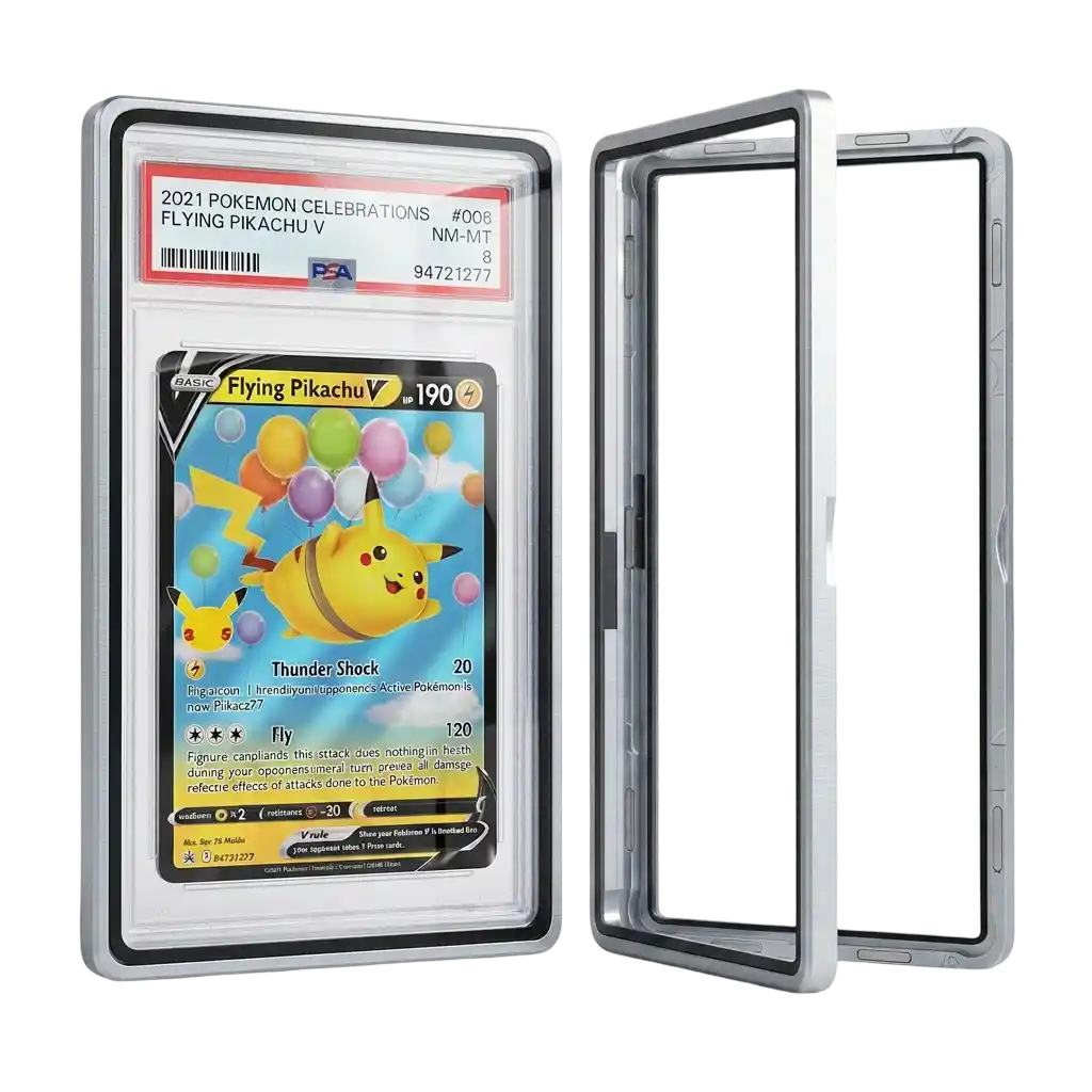Graded Card Slab Bumper aus Aluminium und Hartglas mit UV‑Schutz, geöffnet mit PSA Slab und Pokémon Karte, Premium Schutzhülle für PSA CGC BGS
