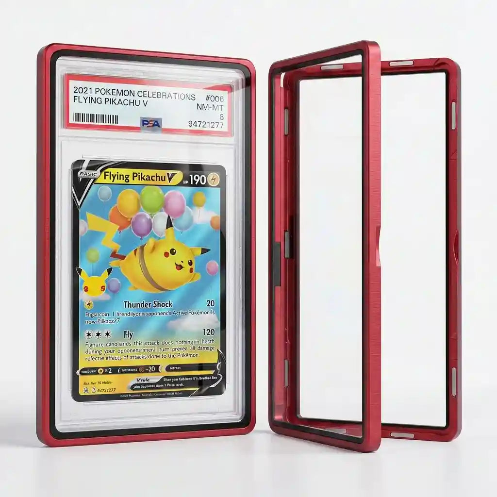 Graded Card Slab Bumper aus Aluminium und Hartglas mit UV‑Schutz, geöffnet mit PSA Slab und Pokémon Karte, Premium Schutzhülle für PSA CGC BGS