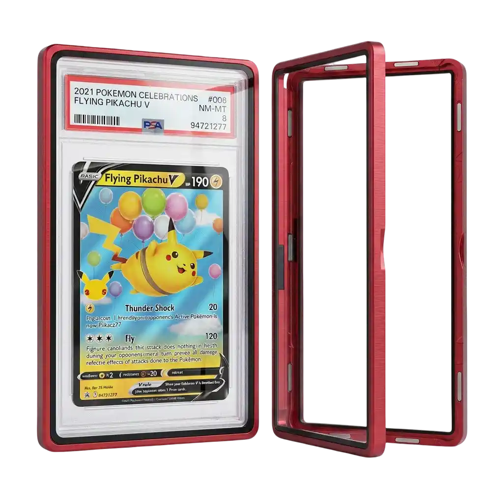 Graded Card Slab Bumper aus Aluminium und Hartglas mit UV‑Schutz, geöffnet mit PSA Slab und Pokémon Karte, Premium Schutzhülle für PSA CGC BGS