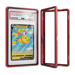 Graded Card Slab Bumper aus Aluminium und Hartglas mit UV‑Schutz, geöffnet mit PSA Slab und Pokémon Karte, Premium Schutzhülle für PSA CGC BGS