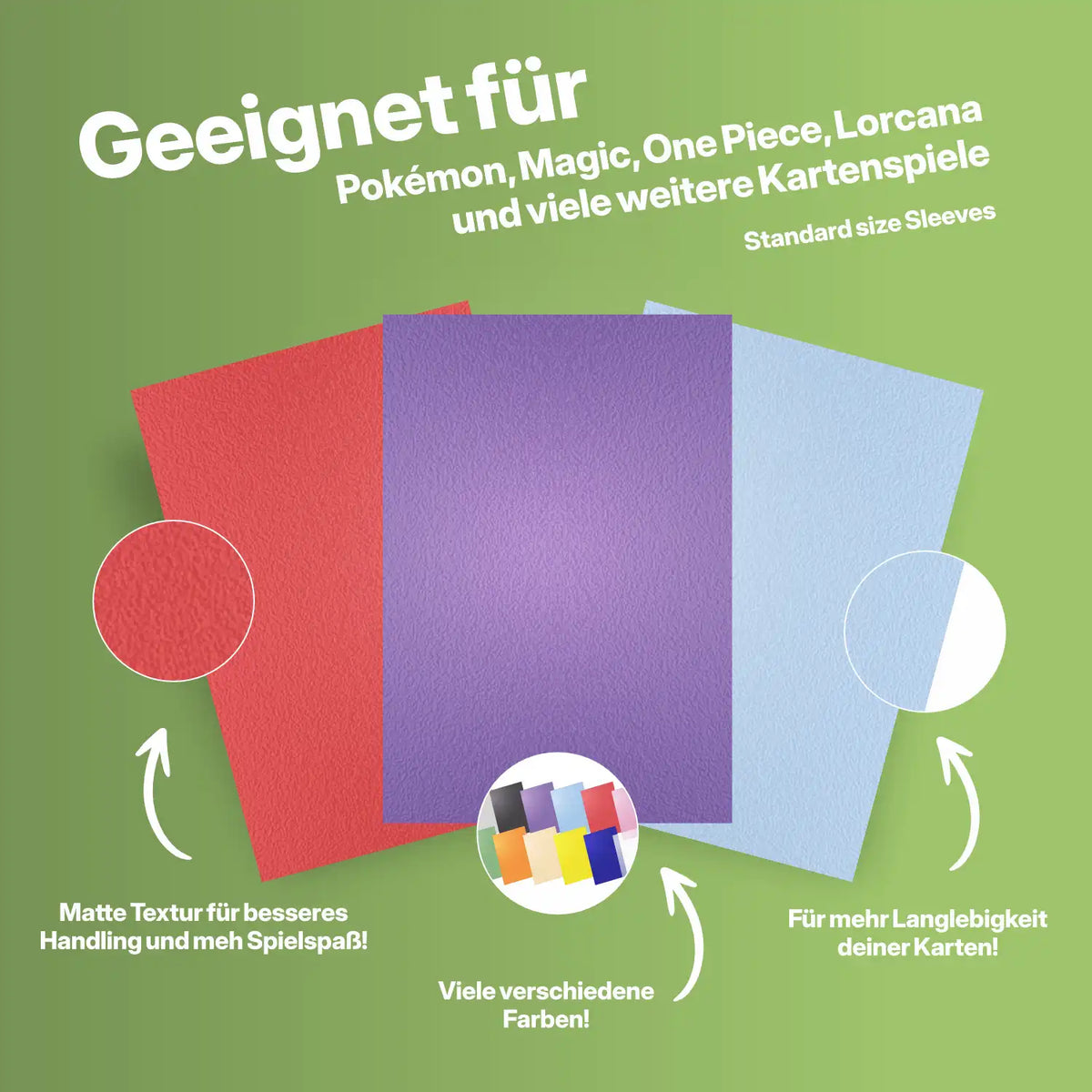 sammelkartenhüllen standard size 66x91mm 100 stück  – karten sleeves für pokemon magic one piece lorcana und alle tcg kartenspiele