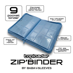 Aufgefächerte Seiten des hellblauen Toploader Binders mit hellblauem Innenleben und toploadern
