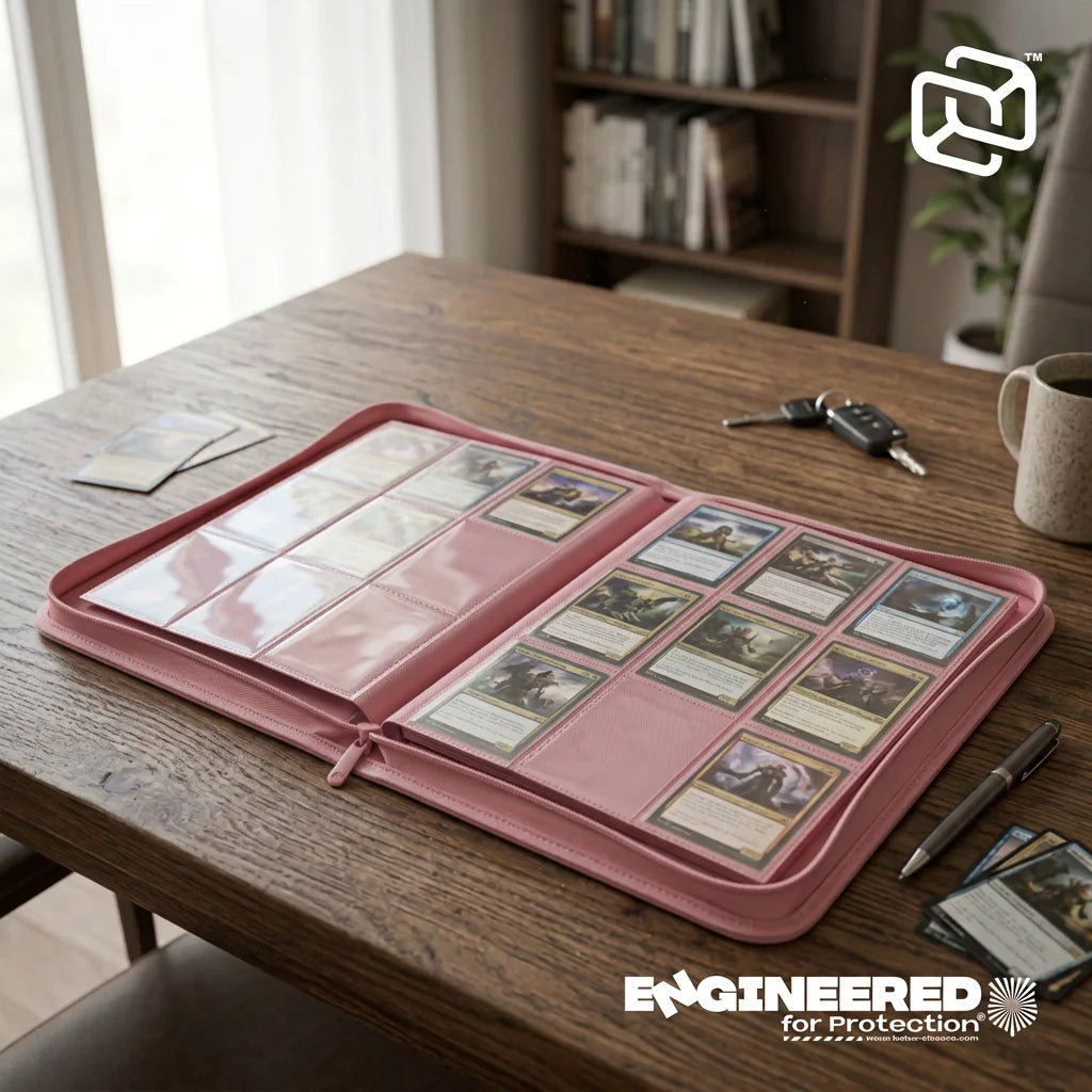 Pinker Kartenordner mit Magic: The Gathering Karten auf dem Schreibtisch